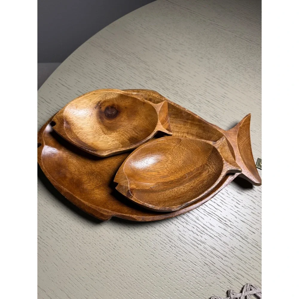 Vintage Hand Carved Acacia Wood Fish Serving Set Platter and Bowls 3 Piece Brown